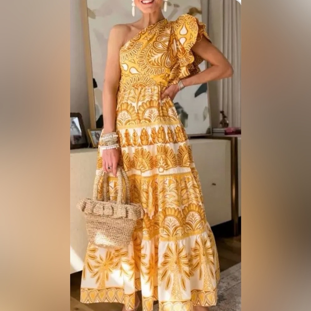 Farm Rio Yellow Ainika Tapestry Patterned Tiered Maxi Dress - Women
